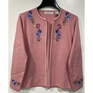 VTG Northern Isles Acrylic Pink Cardigan Embroidered‎ w/Flowers NWT XL